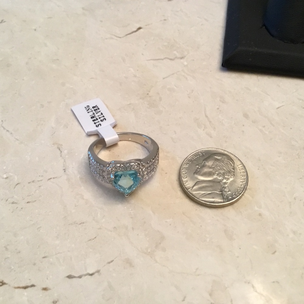 .925 Sterling Silver Aquamarine CZ Heart Ring - Picture 14 of 16